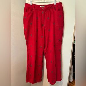 Vintage Orvis Red Corduroy Holiday Pants Embroidered Christmas Trees Size 16